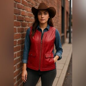 Peter Nygård Women’s Red Genuine Leather Zip Vest Size L Pockets, Stretch Back